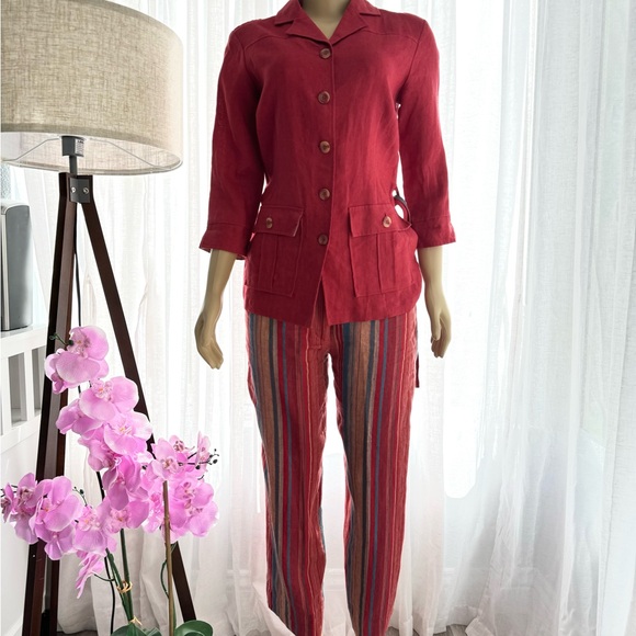 Paraphrase Red Linen Pant And Blazer Jacket Set Size 8 Vibrant Retro Striped - Picture 11 of 15